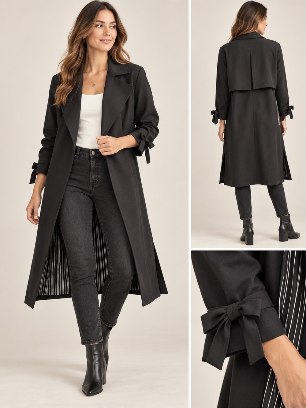 DR2 by Daniel Rainn Black Open Front Trench Coat Bow Sleeve Striped Lining Small